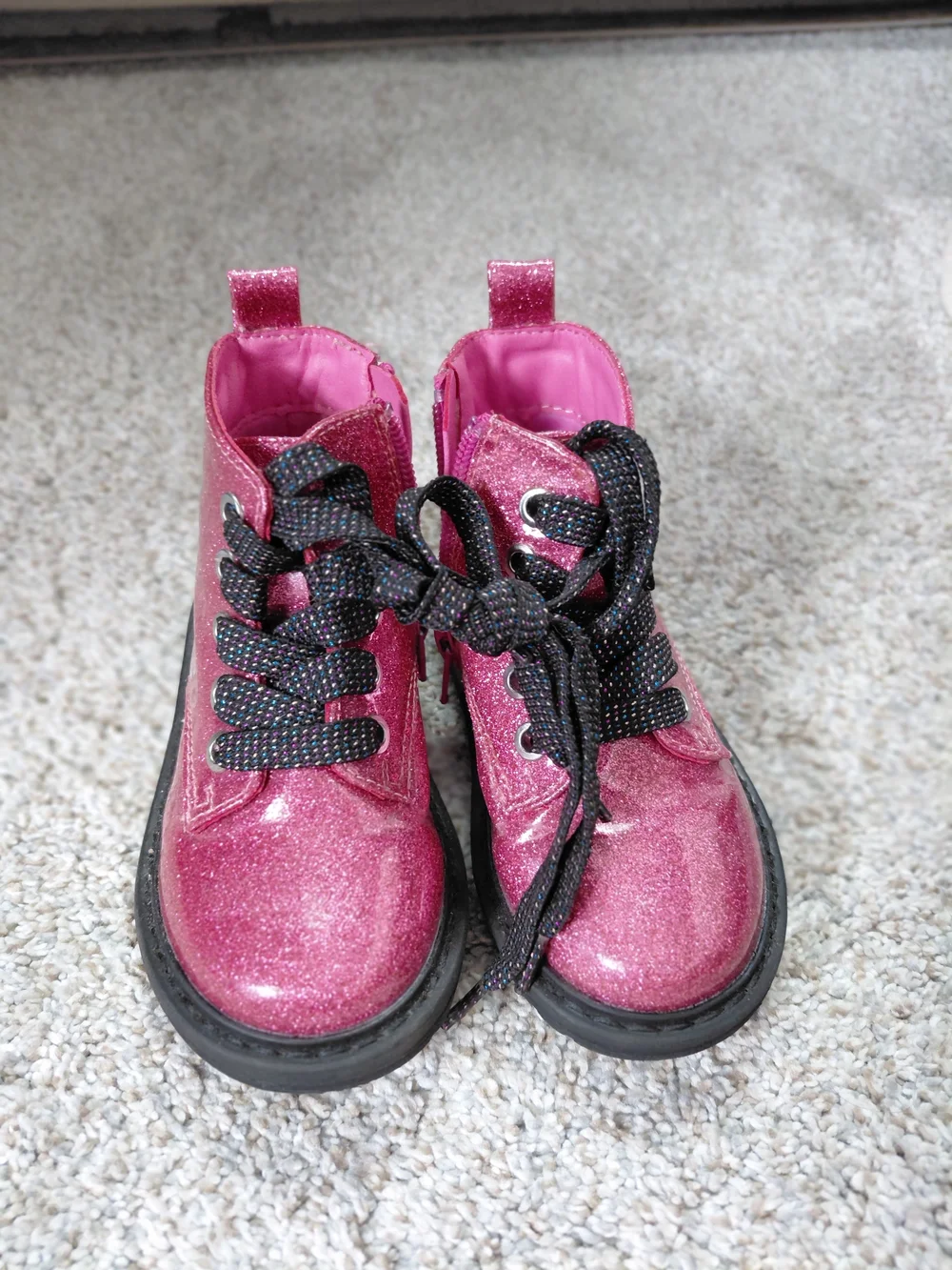 Toddler Girls' Sparkle Lace-Up Pink Booties with Sturdy Black Sole